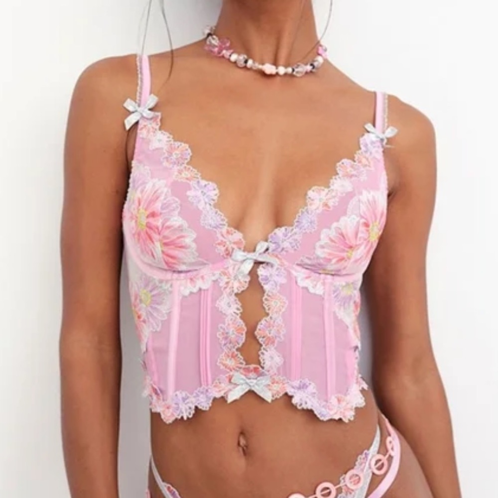 For Love & Lemons Pink Floral Lace Bustier Top